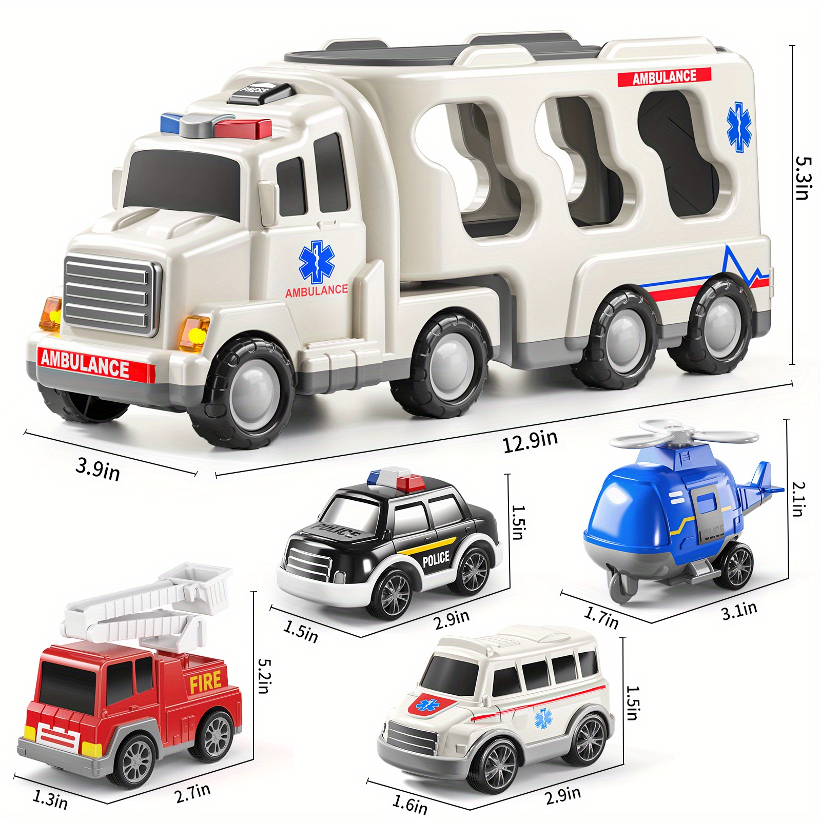 TEMU Ambulance Truck Toys For 3 4 5 Toddlers, 5in 1 Kids Carrier Fire Trucks Friction Power Toys With Light Sound For Kids Birthday Gift