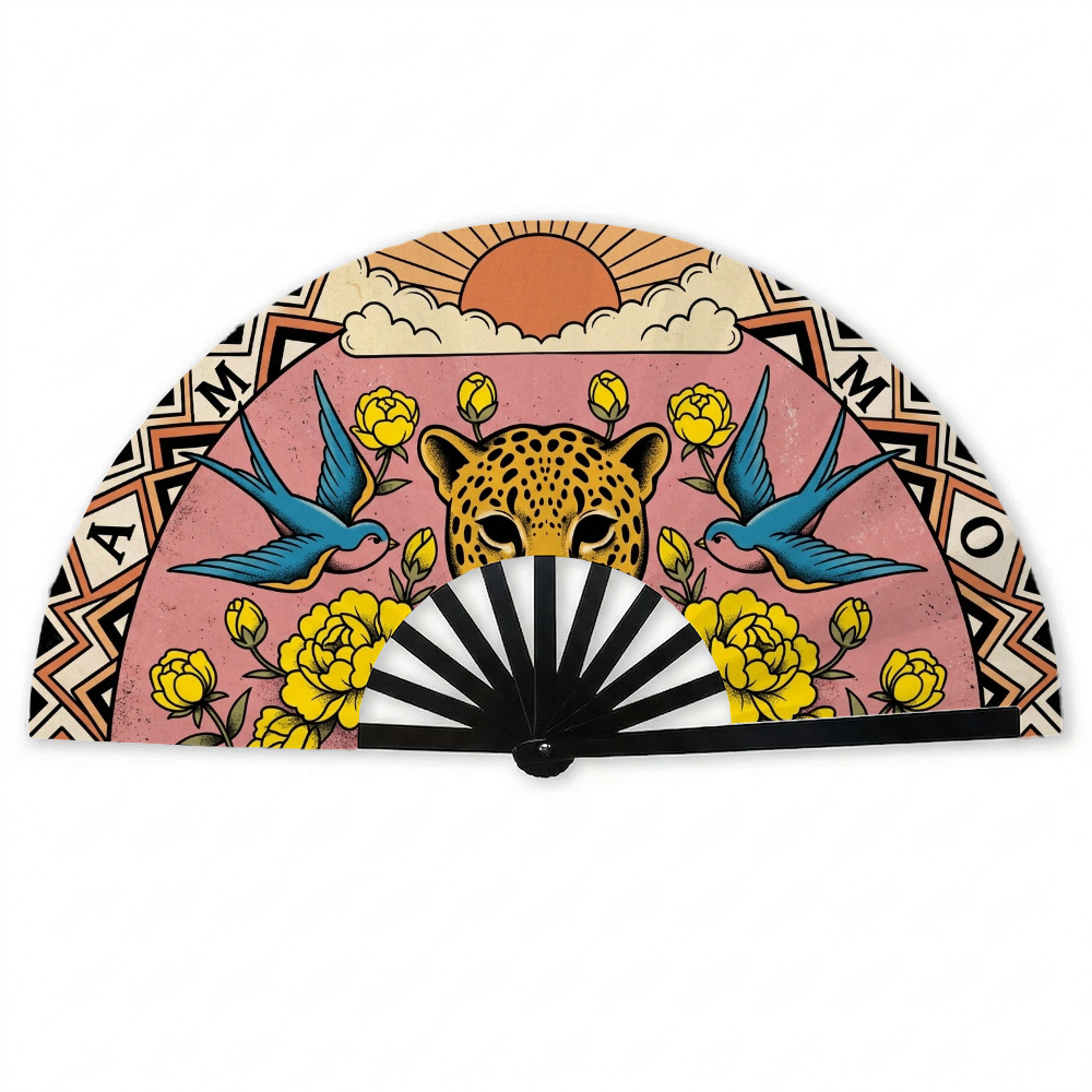 TEMU 1pc Traditional Tattoo Folding Fan With Leopard & Blue - Portable Handheld Cooling Fan Suitable For Raves, Festivals, Parties, Dance, Carnival -