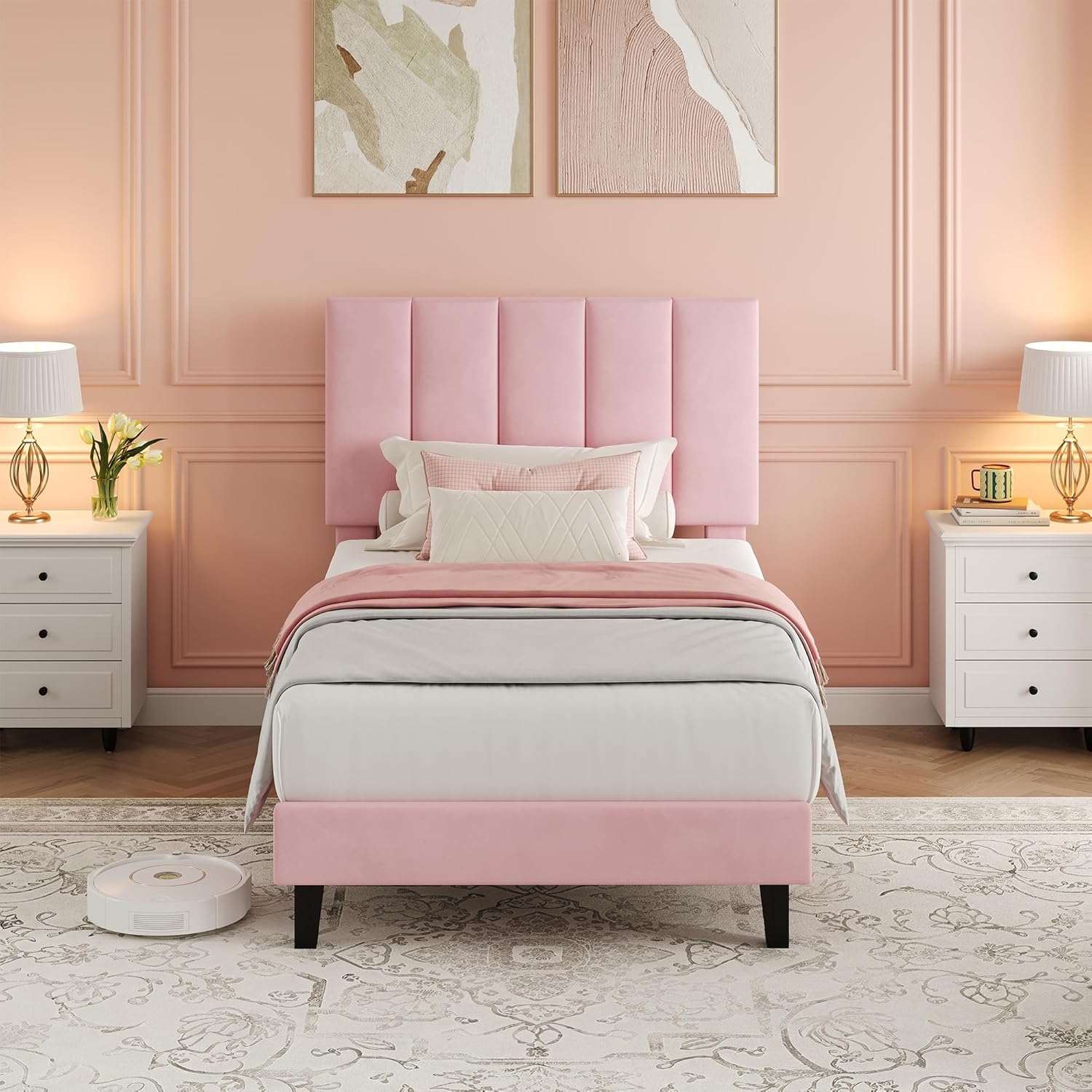 TEMU Twin Size Bed Frame With Adjustable Vertical Channel Tufted Headboard, Velvet Upholstered Platform Bed Frame, Spring Needed, Non-slip And Noise-free, Easy Assembly