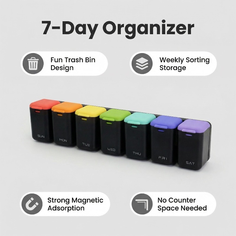 7 day magnetic fridge organizer with weekly mini trash cans magnetic strip suitable for kitchen office craft room storage space saving magnetic board for spices snacks supplies plastic shelf organizer with color options handwash