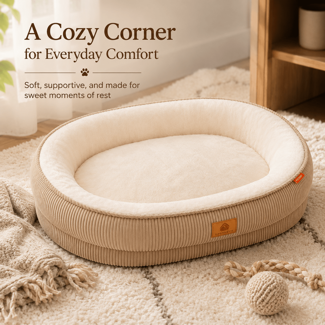 Corduroy Pet Bed, Soft Plush Oval Bed with Raised Bolster, Cozy Washable Cushion, Suitable for Cats & Small/Medium Dogs, Puppies, Chihuahuas, Shih Tzus, Dog Bedding