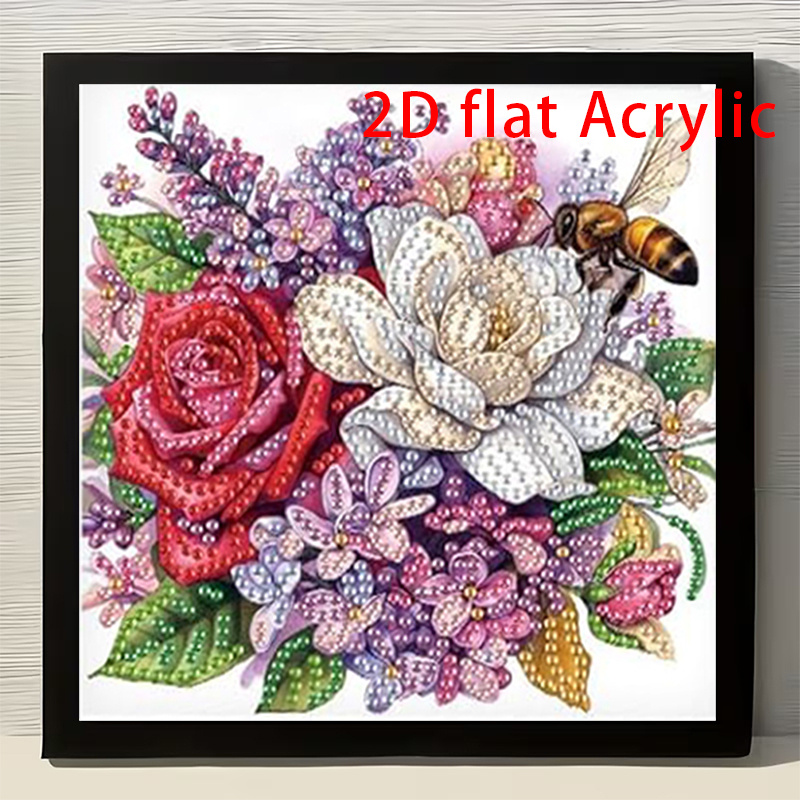 TEMU Pearl Diamond Painting Flower And Bee Decorative Painting, Handmade Diy Diamond, Home Decoration, Valentine's Day Mother's Day Gift, 2d Flat