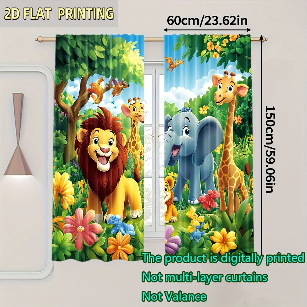 TEMU 2d Flat - 2pcs Set Of Jungle Animal Curtains, Made Of Polyester, (no Rod, No Movement, No Batteries Required). An Ideal Gift For Decorating The