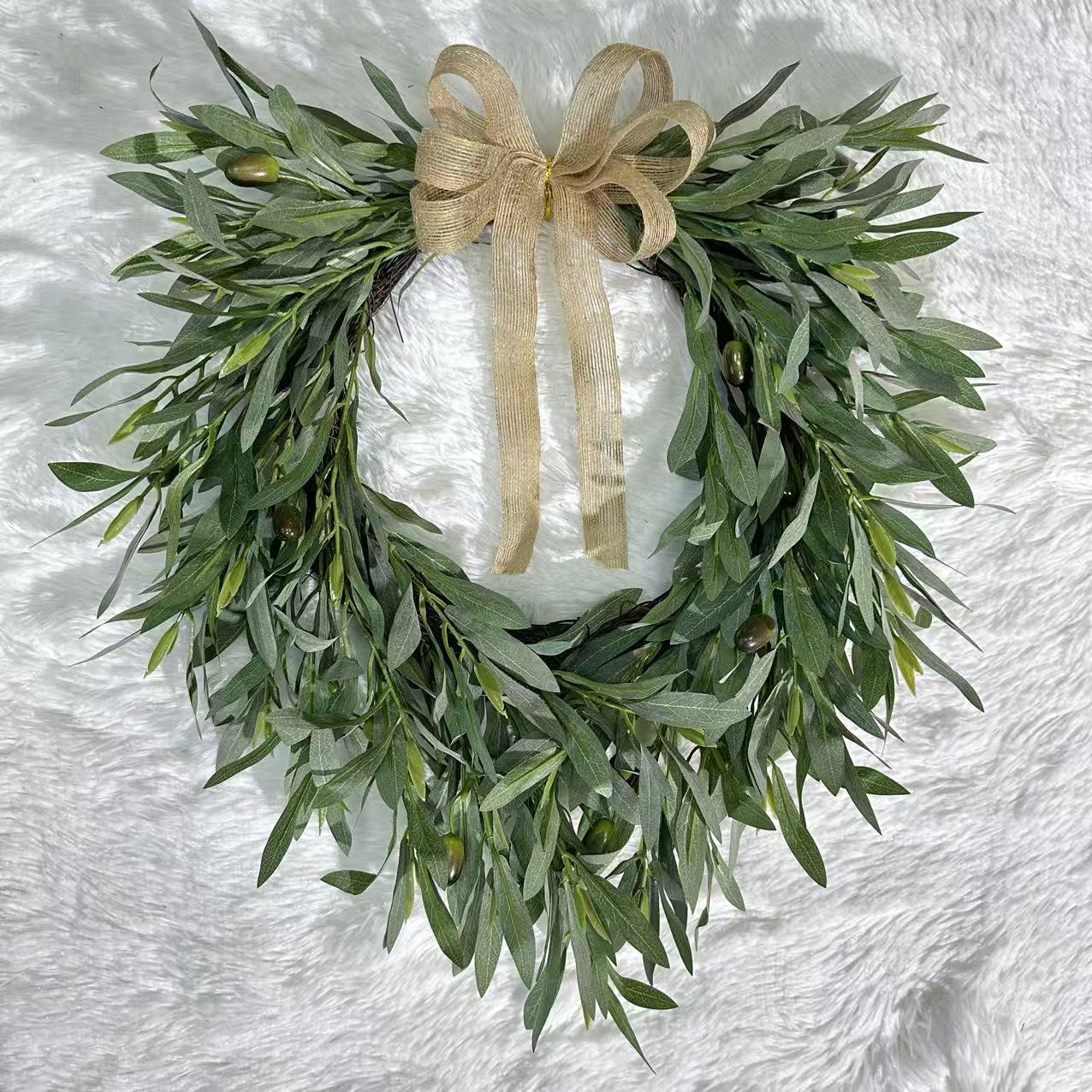TEMU 1 Pack 50cm/19.7in Artificial Wreath With Burlap Bow, Faux Olive Fruit Greenery Front Door Hanging Decor, Farmhouse Wall Ornament For Christmas,