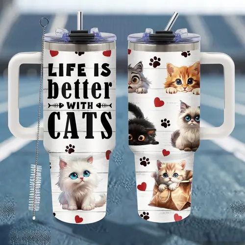 1pc 40oz cat tumbler with handle straw lid leak proof bpa mug cute with hearts uv printed durable coffee cup for gift for cat lovers mother s day birthday christmas ideal for car outdoor sports outdoor drinkware whimsical design