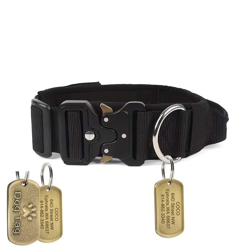 TEMU Tactical Dog Collar Custom Lettering Anti-loss Card Set Thickened Nylon Protective Punch Collar Special Comfortable And Breathable Adjustable