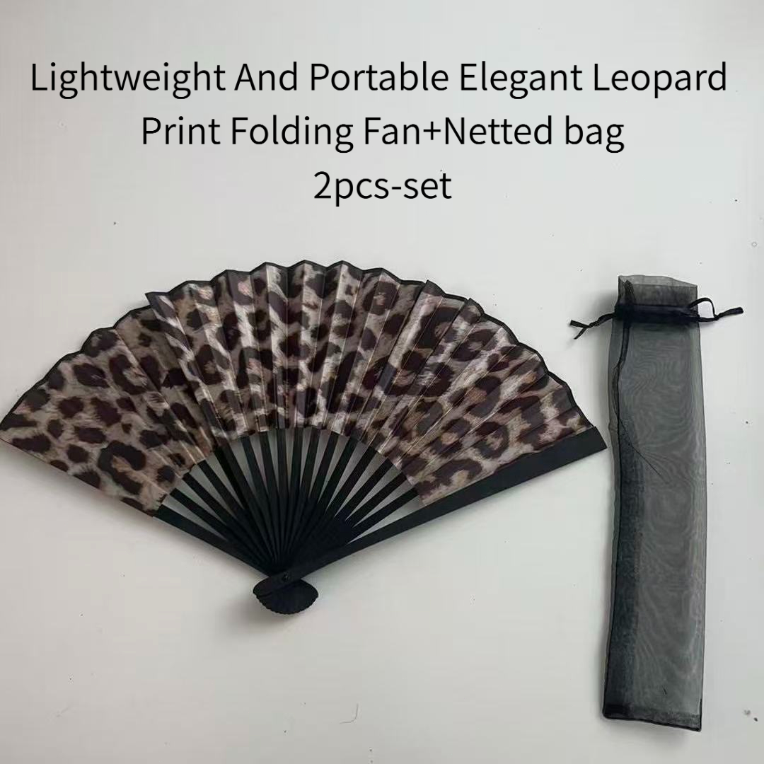 TEMU 2pcs Includes(1 High-qualitynetted Bag And 1 Lightweight And Portable Elegant Leopard Print Folding Fan) With Black Frame- Princess Theme For