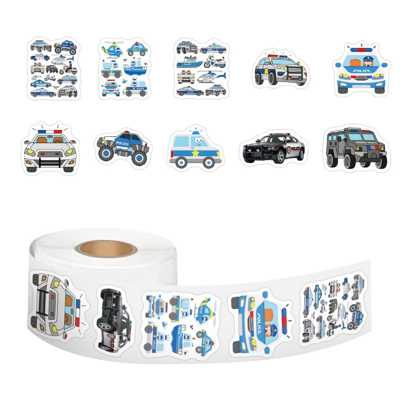 Image of 500pcs Police Car Stickers Roll Cycling Stickers And Decals Chic Paper Decals For Scrapbooking, Journals, Laptop, Skateboard, Helmet, Water Bottle, Car, Computer & More