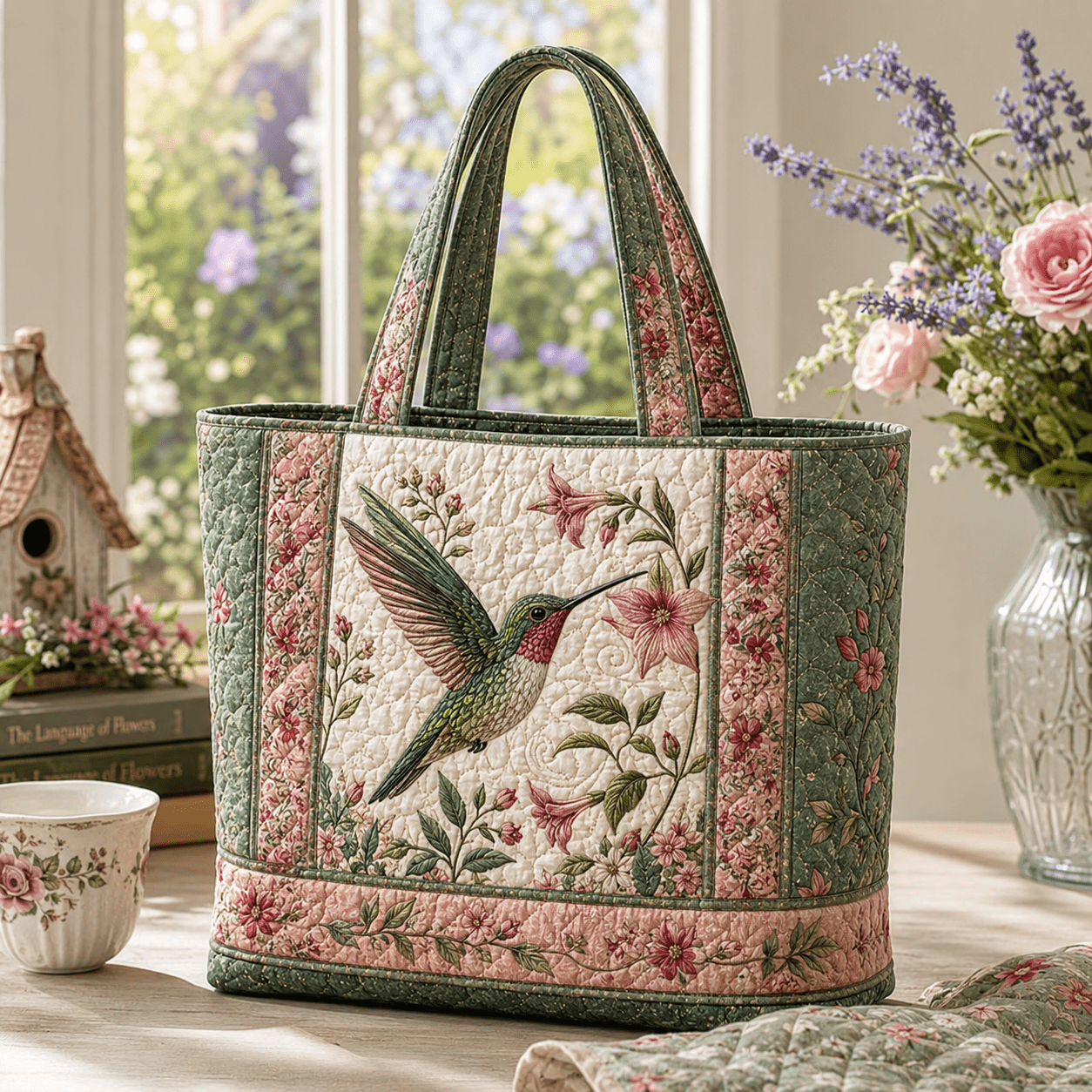 TEMU Women's Vintage Cottagecore Quilted Tote Bag With Hummingbird Floral Print - Large Capacity Handbag Suitable For Work, Travel & Everyday Use,