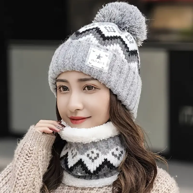 2pcs winter womens winter hat and scarf set star decoration pink and white striped hat soft fleece beige pink white grey black elastic comfortable fleece lining suitable for skiing cycling daily cold weather multifunctional hat winter scarf set winter hat for women hat scarf set fall winter hats women Product details 7