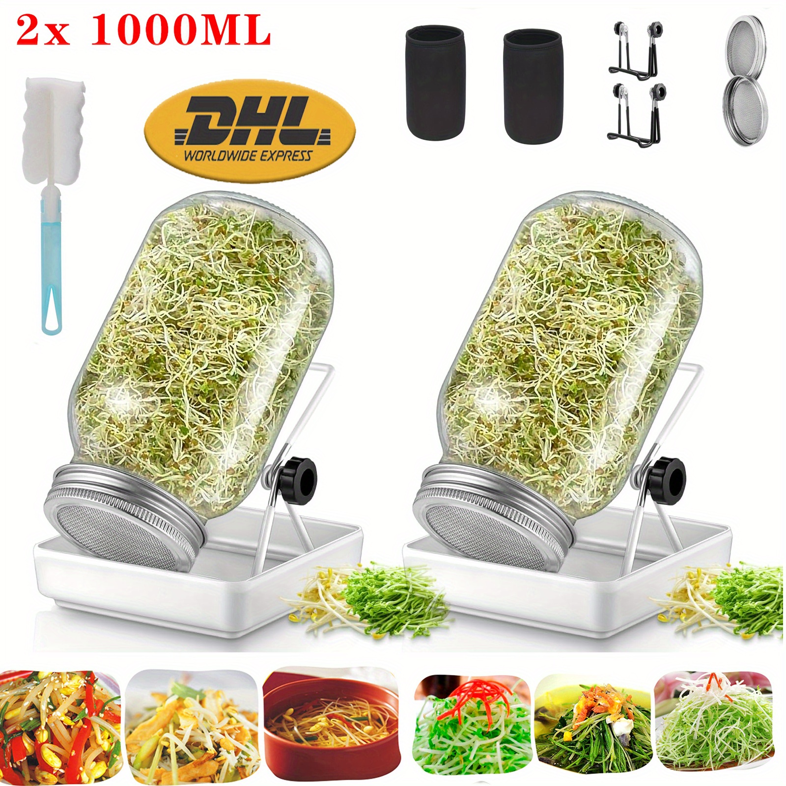 Seed Sprouting Jar Kit, 2 Large Wide Mouth Jars With Sprouting Lids, 2 Blackout Sleeves, Drain Tray, Stainless Steel Stand For Growing Broccoli, Alfalfa, Mung Bean
