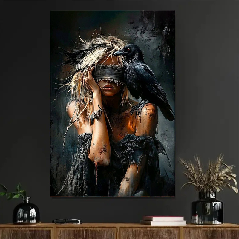 1pc   woman with blindfold wrapped canvas art mysterious figure with   surreal art   contemporary style 16in 40cm 24in 60cm pine wood frame ink on canvas with wall hanging decor for home office living room bedroom bathroom  