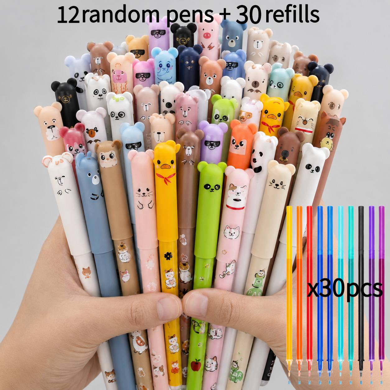 Image of 42pcs Animal Print Erasable Gel Pen Set, Random Assorted Styles - 12 Pens + 30 Refills, Mix, Animal Pattern Easy-erase Colored ; Suitable For Writing, , Writing Tools, Fun Stationery, Creative Design