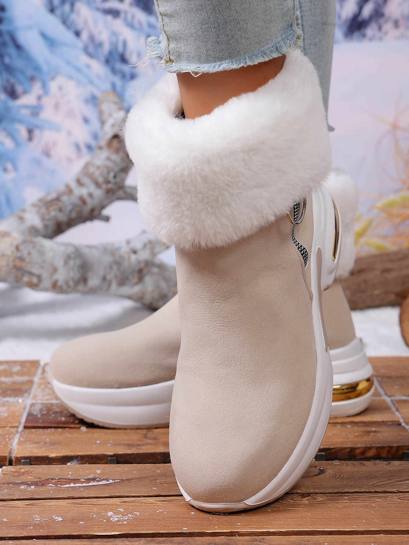 Winter Fleece-Lined Warm Wedge Snow Boots | Women 2025 New Large Size 43 Thick Sole Furry Snow Boots with Fabric Upper and Insole, EVA Sole