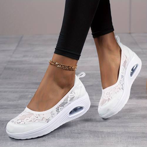 womens breathable lace on sneakers with air cushion sole lightweight comfortable walking shoes for spring summer white mesh fabric design ladies sneakers