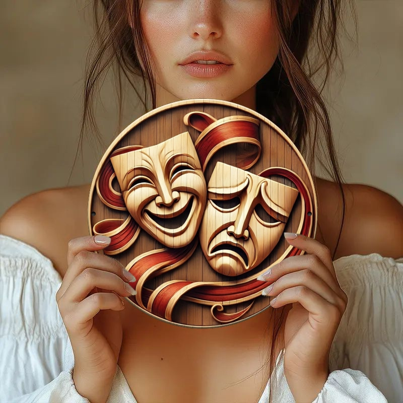 

1pc Unique Artistic Wooden Theater Masks Sign, 7.8x7.8 Inch Round Comedy And With 3d Carving, Decor For Living Room, Bar, Cafe - Indoor & Outdoor Use, Decor