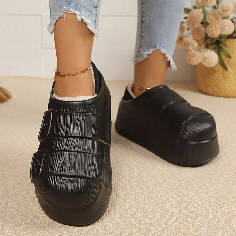 TEMU Retro Textured Belt Decor Thick-soled Mule, Shell Plush Lining Warm Slides, Black And White, Women's Autumn/winter, Women Shoes