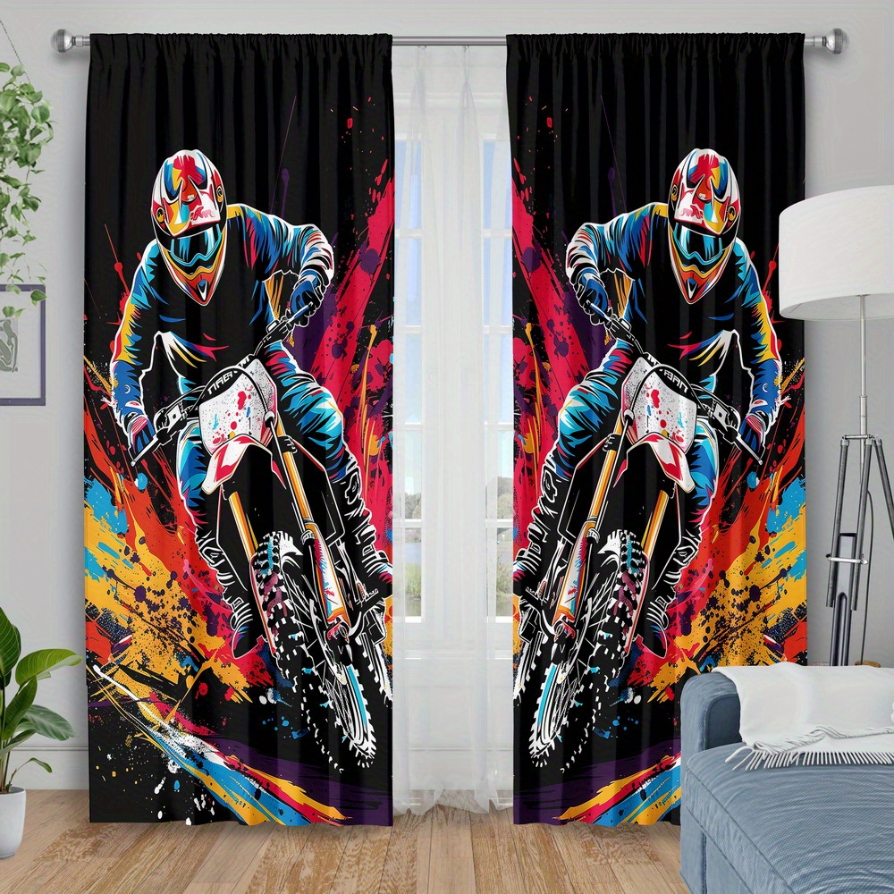 TEMU 2pcs Cool Motorcycle Print Blackout Curtains - Vibrant , Machine Washable Polyester, Insulating & Decorative For Bedroom, Living Room, Kitchen