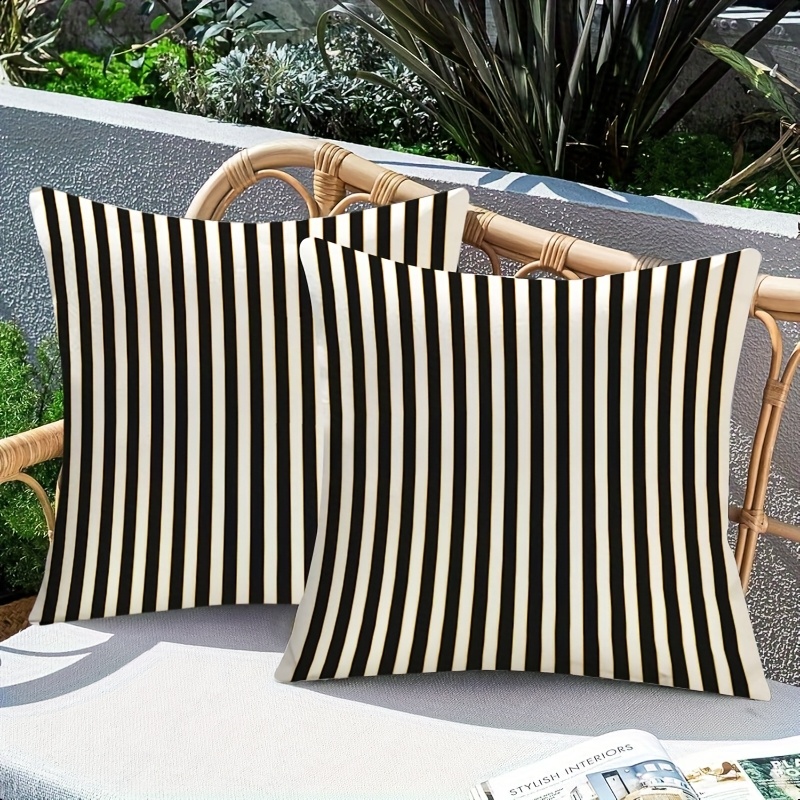 TEMU Set Of 2 Contemporary Black And White Striped Covers For Outdoor Use - Featuring A , Zipper Closure, Made From 100% Polyester, Machine Washable, Ideal For Garden Furniture