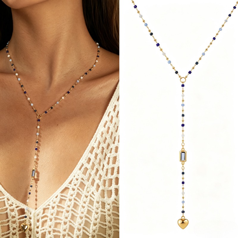 TEMU Elegant Bohemian--shaped Pendant Necklace For Women, Featuring A Stylish And Exquisite Heart-shaped Pendant, A Blue Rectangular Geometric Charm,