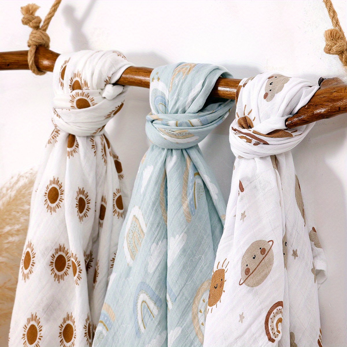 3PCS Sun Rainbow Pattern Soft Receiving Blanket Muslin Baby Blankets
