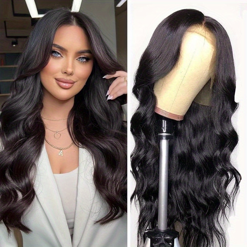 24 inch black middle part long curly hair wig hair net - Temu display picture 2