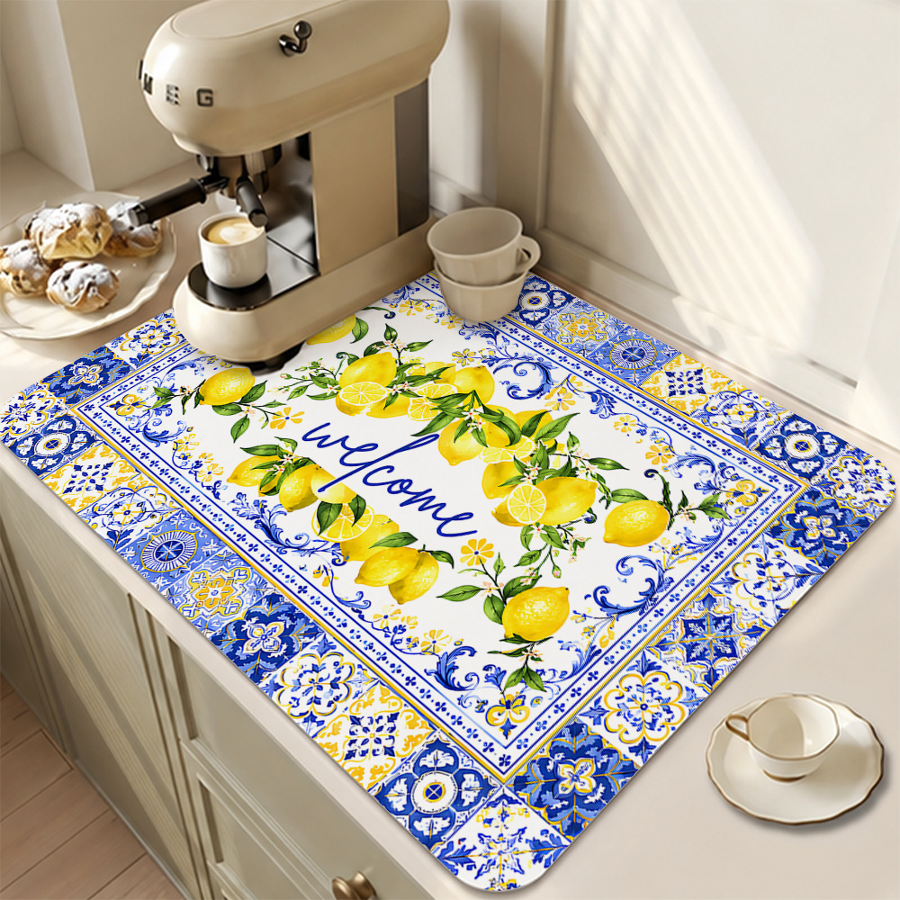 TEMU 1pc Blue And White Theme Lemon Print Dish Drying Mat, Rubber Non-slip Bottom, Vibrant Colors, Summer Style, Coffee Bar Mat, Tea Table Mat,