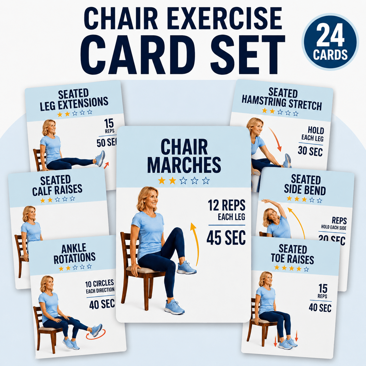 TEMU 24pcs Chair Exercise Card Set For Middle-aged And Elderly, Sitting Posture Movement And Stretching Training, Large-font Action -along Guide,