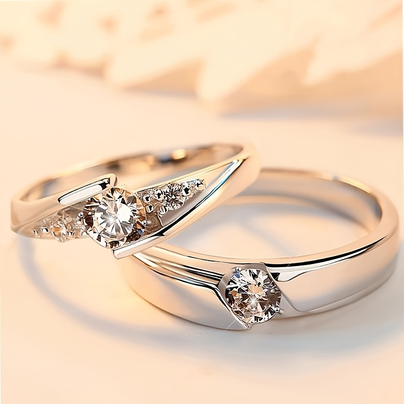 Image of 1 Set Elegant 925 Sterling Silver Engagement& Wedding Ring For Women, 0.5ct Synthetic Round Stone, 3-prong Setting, Adjustable, Anti-allergy, Gift Box Included
