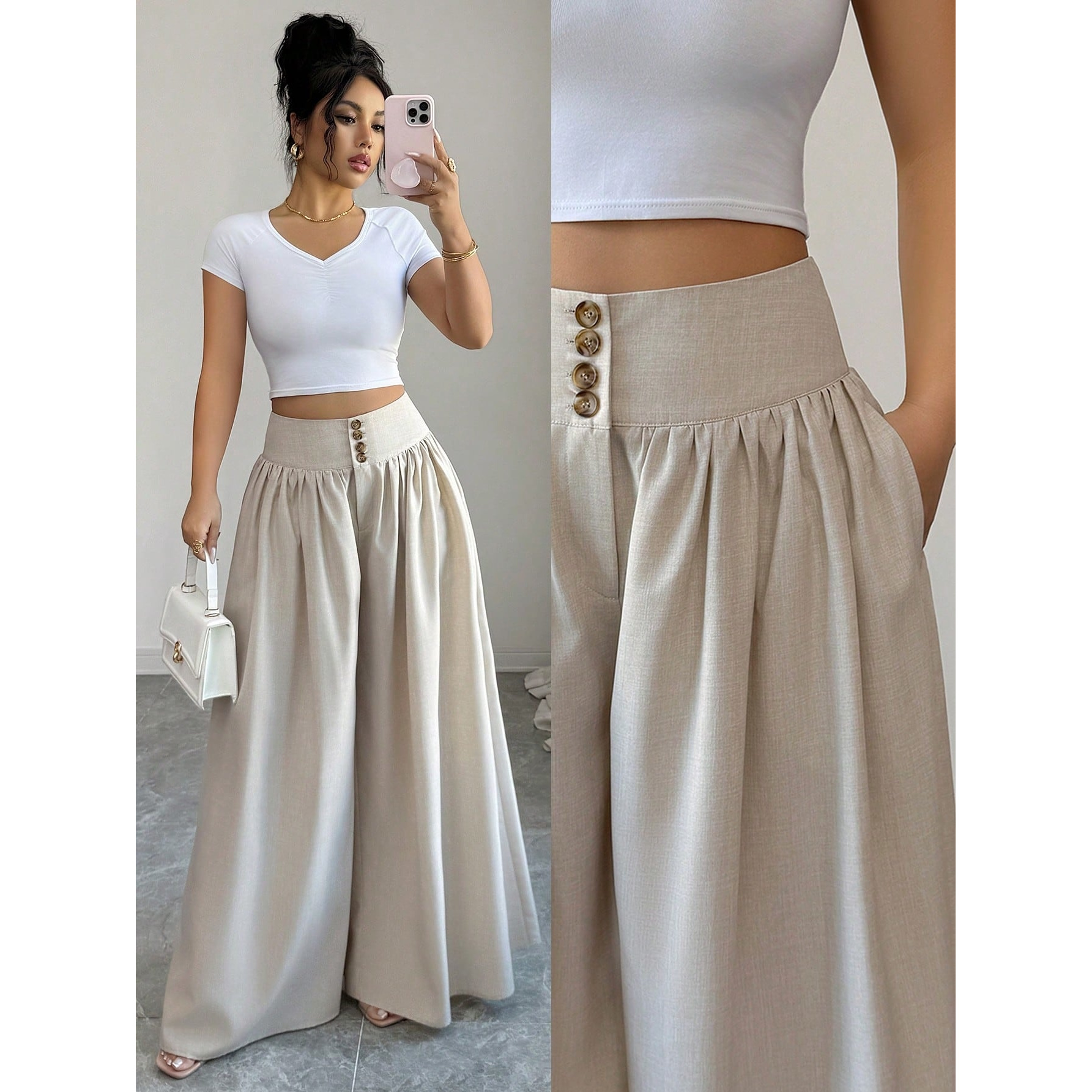 Women's Spring/Summer Waist-Cinching Long Wide-Leg Pants with Pockets, Size 25