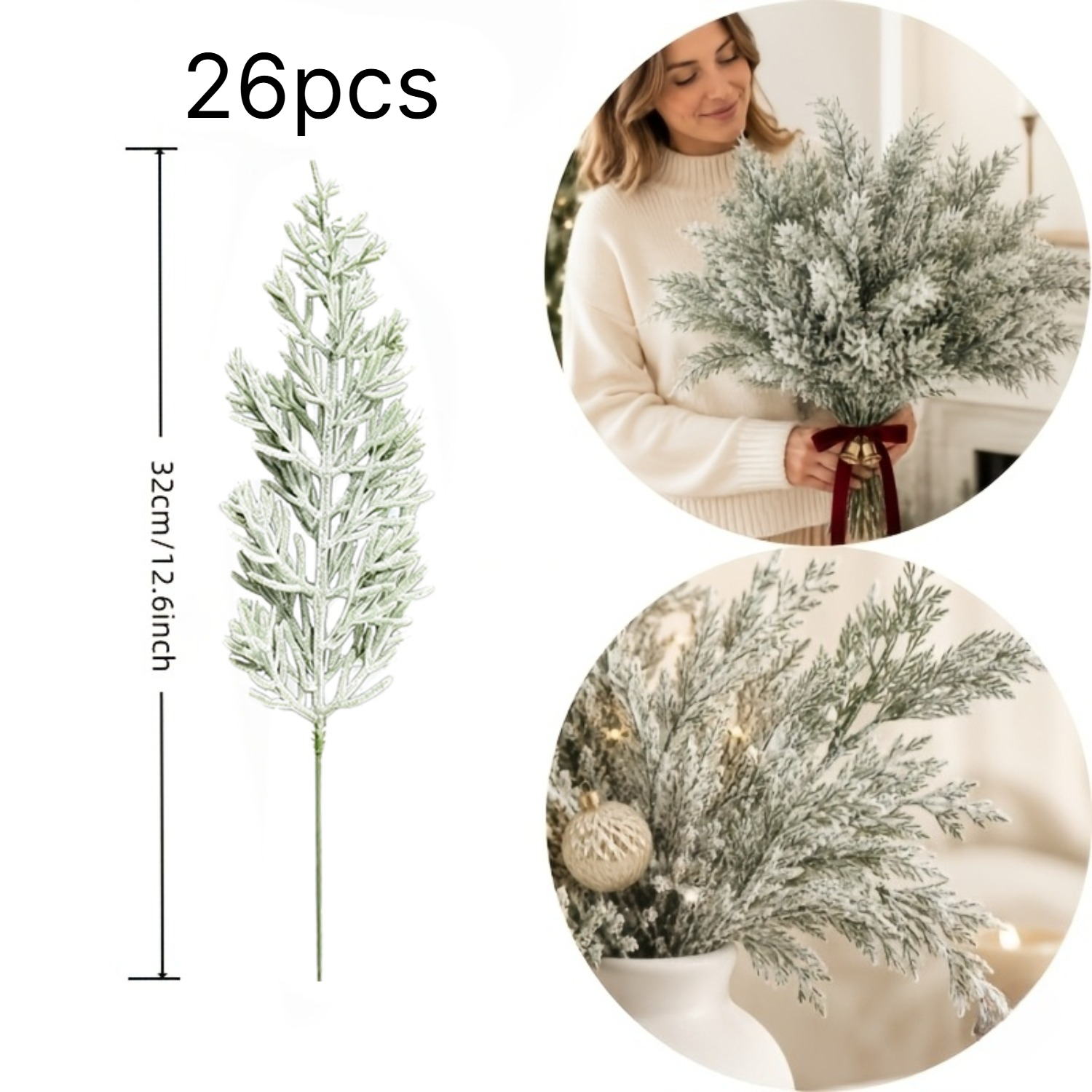 TEMU 26pcs Realistic Style Norfolk Pine Branches, Snow And Fir Bouquet - 12.6 Inches Long, Durable Plastic Indoor And Outdoor Christmas Tree