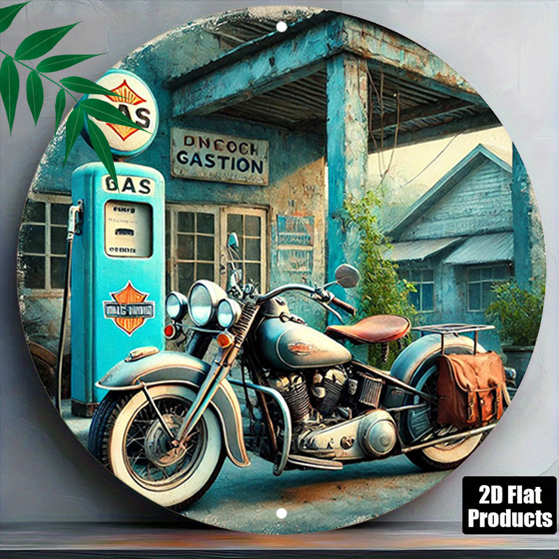 TEMU 2d Flat, 1pc Retro Motorcycle Holiday Decorative Plaques, Vintage Gas Station Round Sign,nostalgic Travel Round Plaque, Classic Americana Rustic