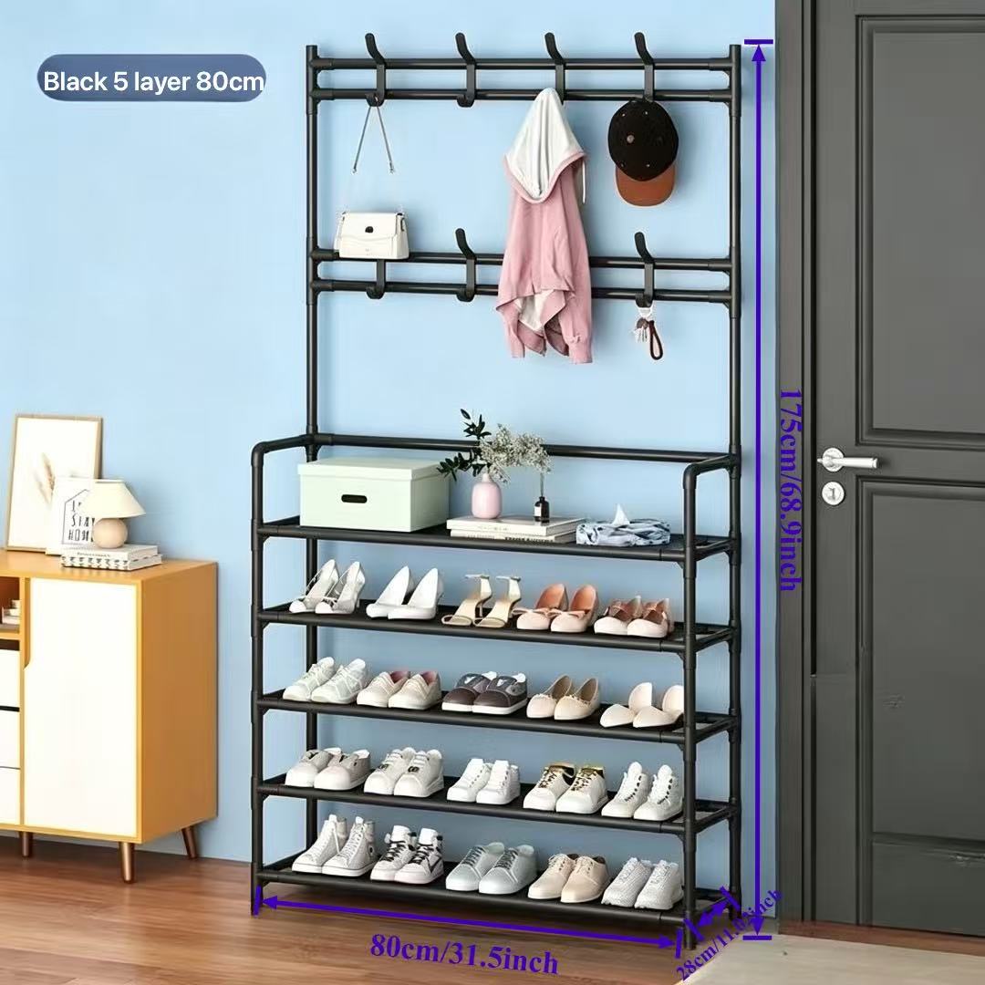 TEMU 5-tier Shoe Rack With Coat Hooks, 60/80cm Metal Entryway Organizer For Hallway, Closet, Dorm - Space-saving Shoe Storage Shelf For 20+ Pairs