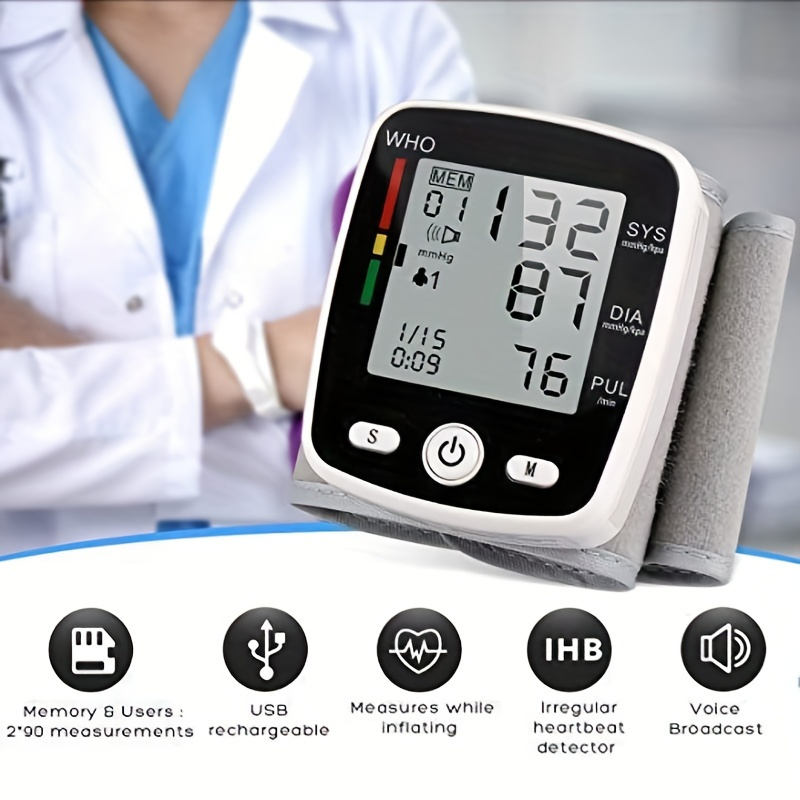   rechargeable   wrist blood pressure cuff monitor with usb charging automatic digital bp machine voice broadcast large display screen built in rechargeable lithium battery Product details 2