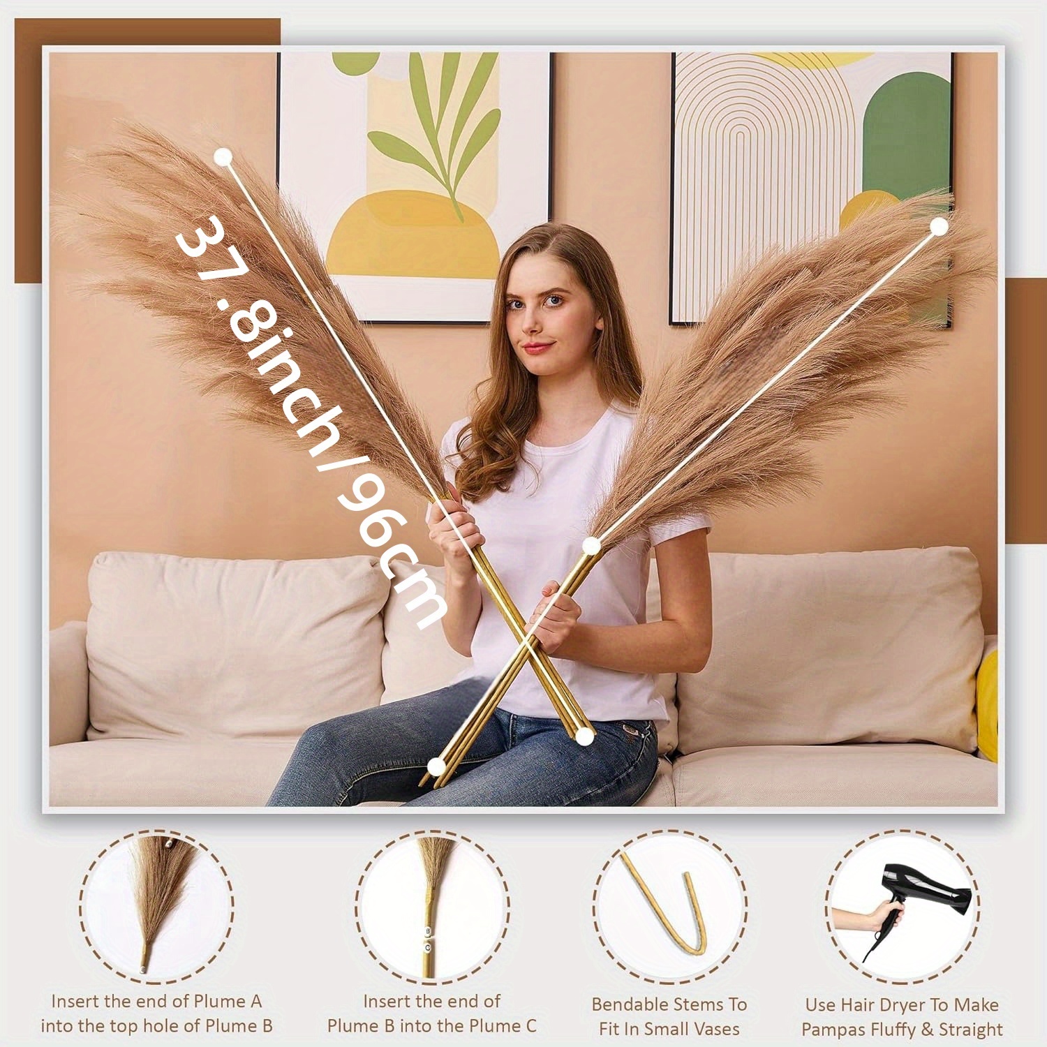8pcs Luxury Artificial Pampas Grass Decorations, 99.06 cm Tall - Soft, Fluffy Beige And White Stems, Ideal for Bohemian Home Decor, Weddings, Parties, Vase Arrangements, Garden Decor