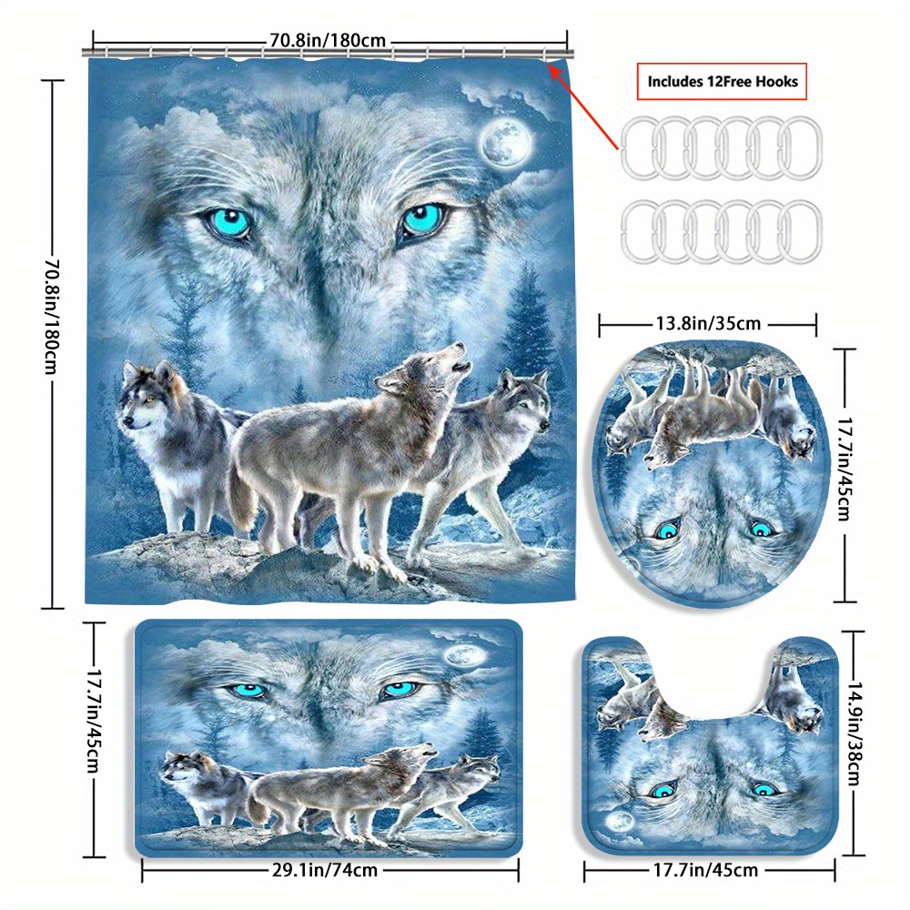 TEMU 4pcs Wolf Curtain Decoration, Beautiful Housewarming Gift, Decoration, Waterproof Shower Curtain And Toilet Floor Mat 3 Piece Set With 12 Shower Curtain Hooks