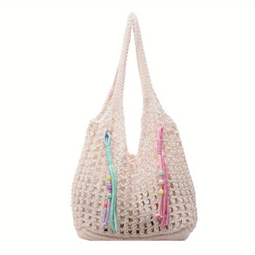 womens elegant hollow out knit beach bag large woven tote with fixed shoulder straps tassel accents open vacation purse in white pink