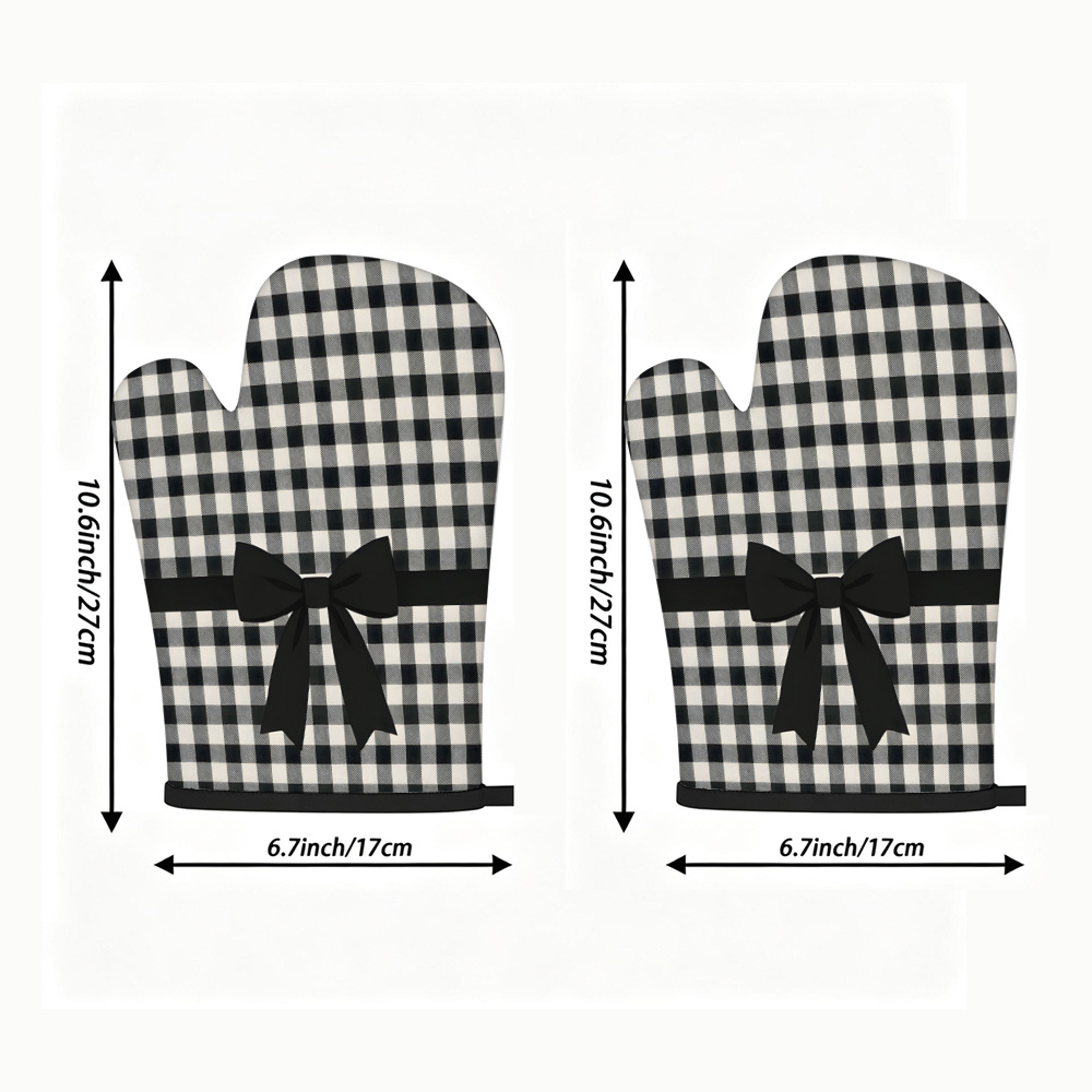 TEMU 2pcs Oven Mitts, And White Checkered Pattern With Black Satin Bow Decor, Retro Farmhouse , Suitable For Kitchen Baking, Cooking, Bbq, And Daily