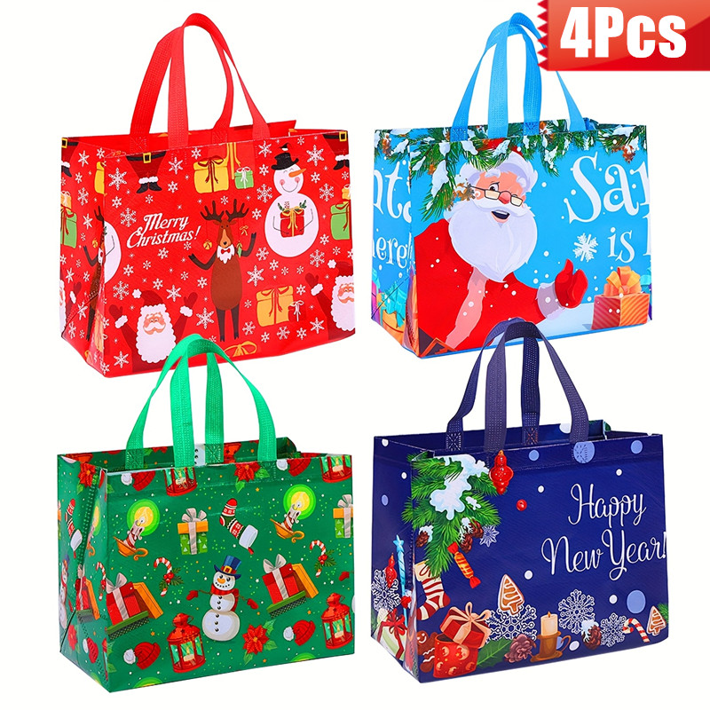 TEMU 4pcs Large Capacity Christmas Gift Bags Suitable For Gifts & Decor Storage - Elegant Party Favor Bags With Santa, Snowman, Reindeer & Tree