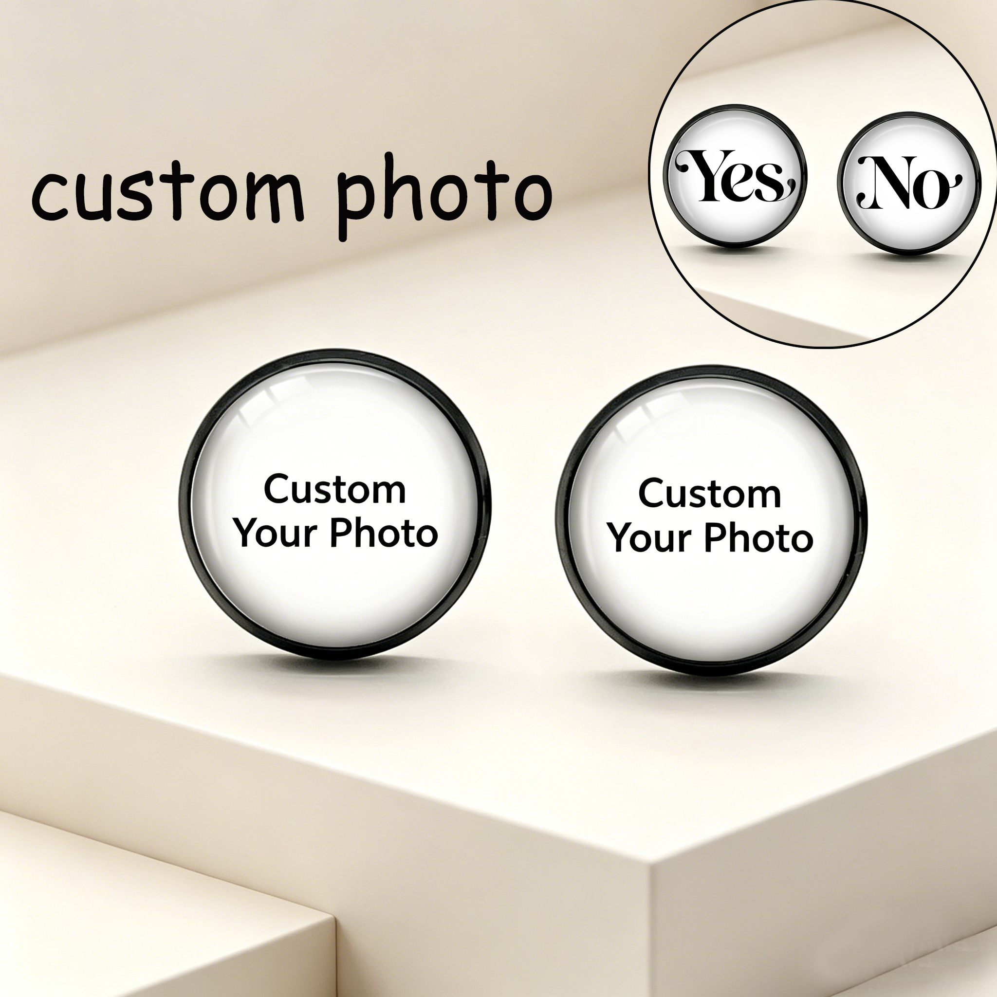 TEMU Ein Paar DIY Custom Foto Schwarze Edelstahl Ohrstecker Personalisierte Familie Freunde Haustiere / Paar Fotos Vielseitige Alltags Schwarze
