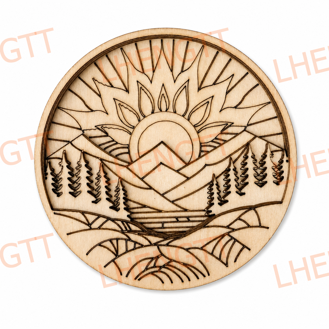 TEMU 2d Flat - 2d Layered Wooden Sunrise Decor Plaque, Paintable Mountain Landscape Wood Sign, Laser-cut Round Decorative Plaque For Shelf, Desk,