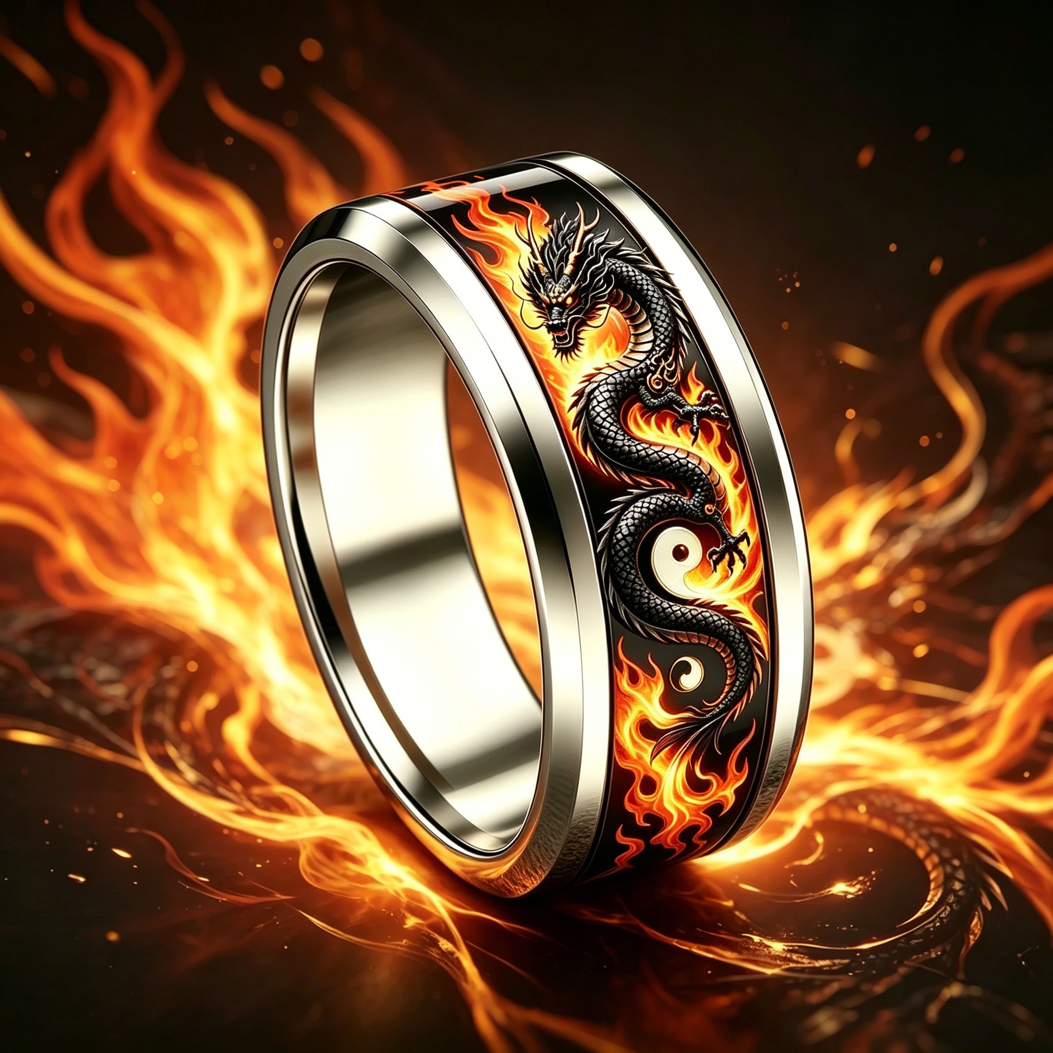 Chinese Style Flame Tai Chi Dragon Stainless Steel Ring
