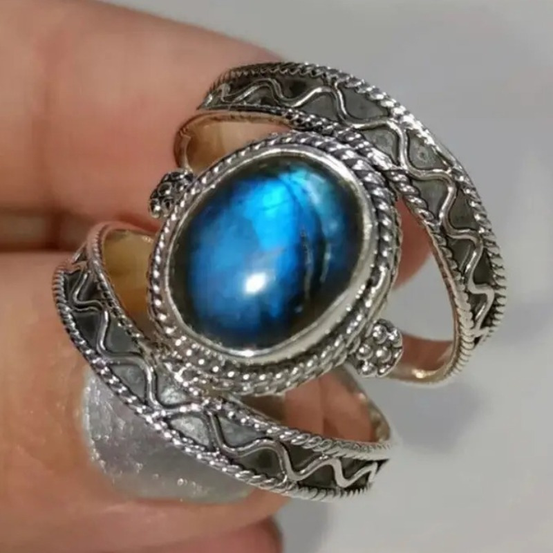 Image of Elegant Inlay Oval Blue Synthetic Zirconia Rings For Women Men Vacation Party Accessories Hip Hop Gift