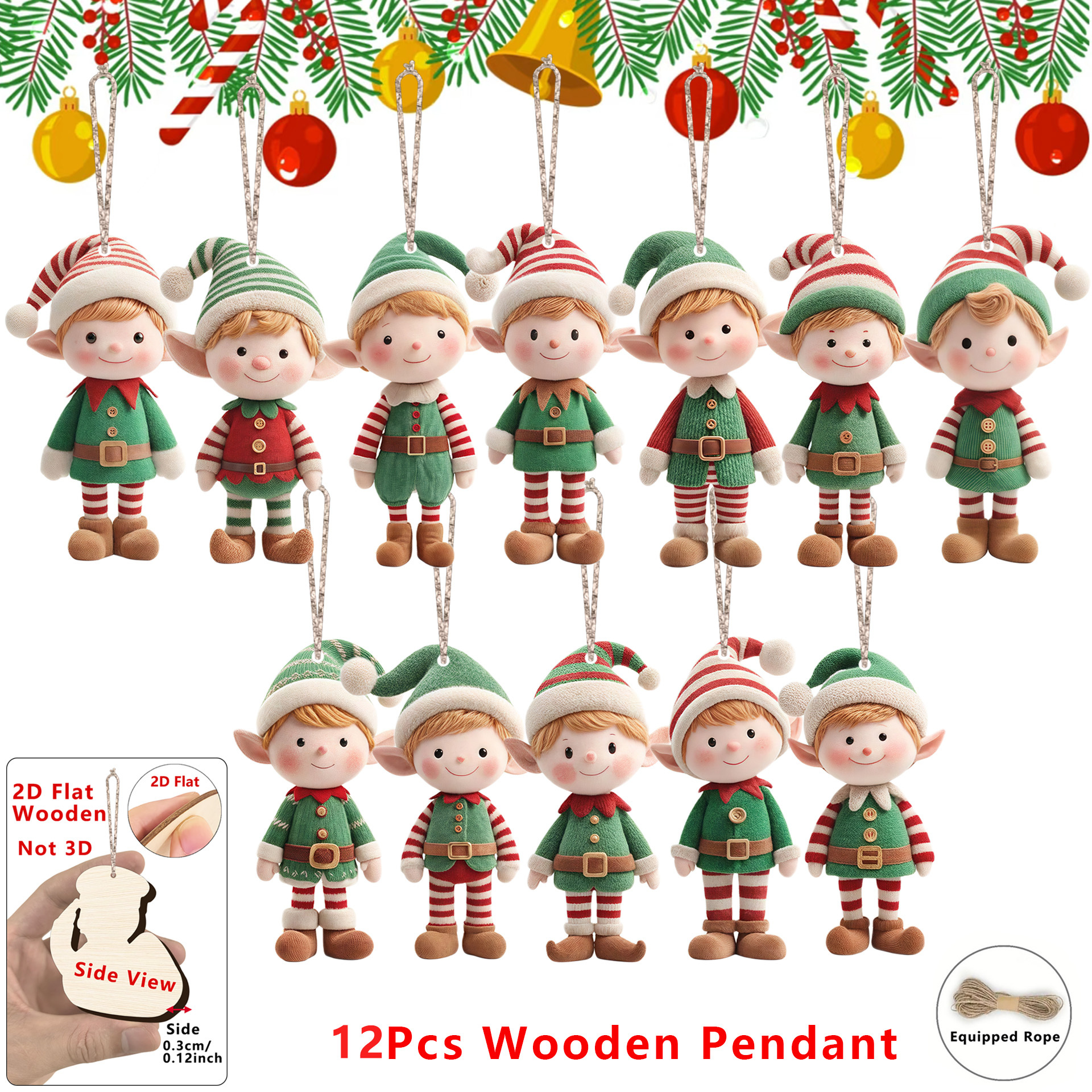 TEMU 2D , 12 Piezas de Colgantes Artificiales de Elfo - Adornos con Forma de Elfo y Figuras de Elfo, Ideales para Árbol de Navidad, Fiestas y