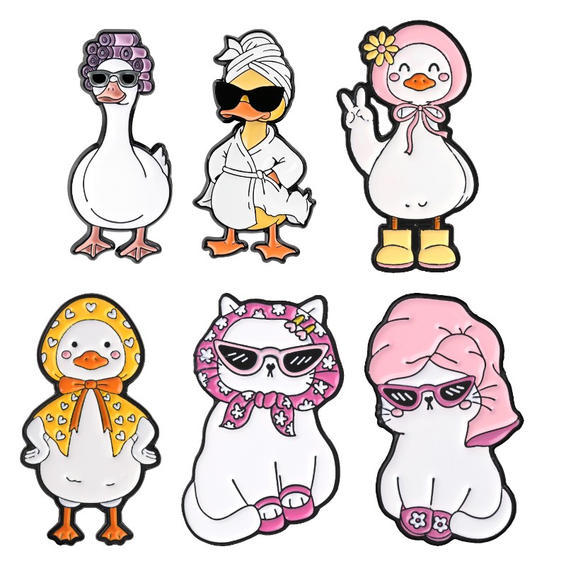 TEMU Lot de 6 badges peints en de , dessin canard et chat élégants, mignons et richement habillés en peignoir aux cheveux bouclés, accessoires