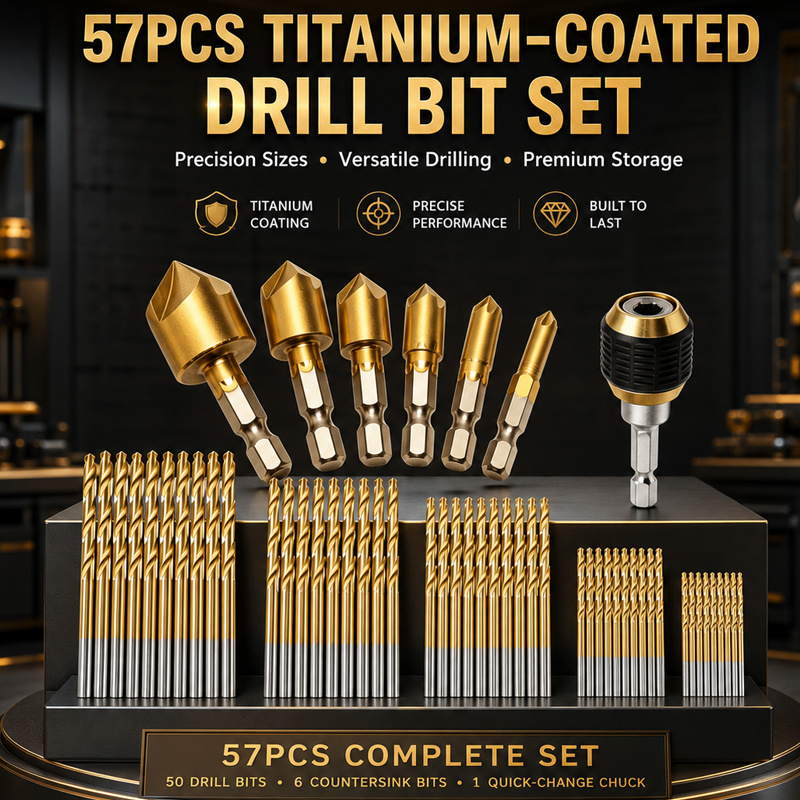 TEMU 57pcs Total 50pcs Golden Steel Drill Bit Set With 5-blade Countersink Drill And 1pc Extension Rod, Coating 1/4" Hex Interface Woodworking Metal