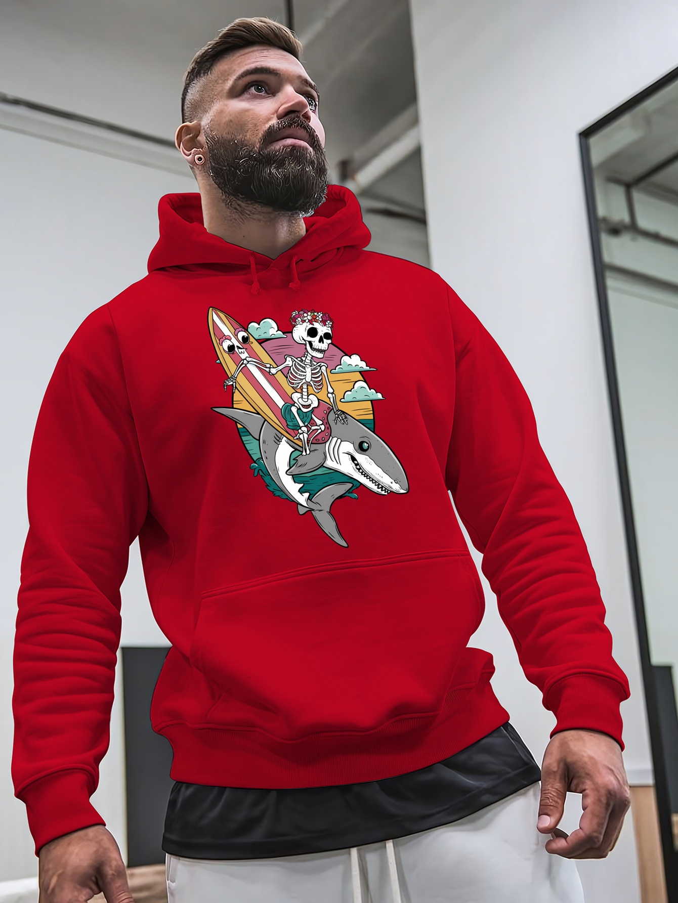 men's red hoodie surfing skeleton design casual long sleeve Temu