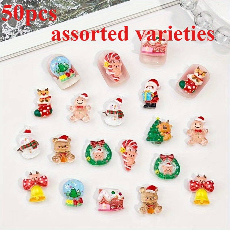 TEMU 2D - 50 piezas de adornos navideños de resina - (Color aleatorio) Colgantes 3D de Papá Noel, Reno, Elfo y , Diseño de , Adecuado para