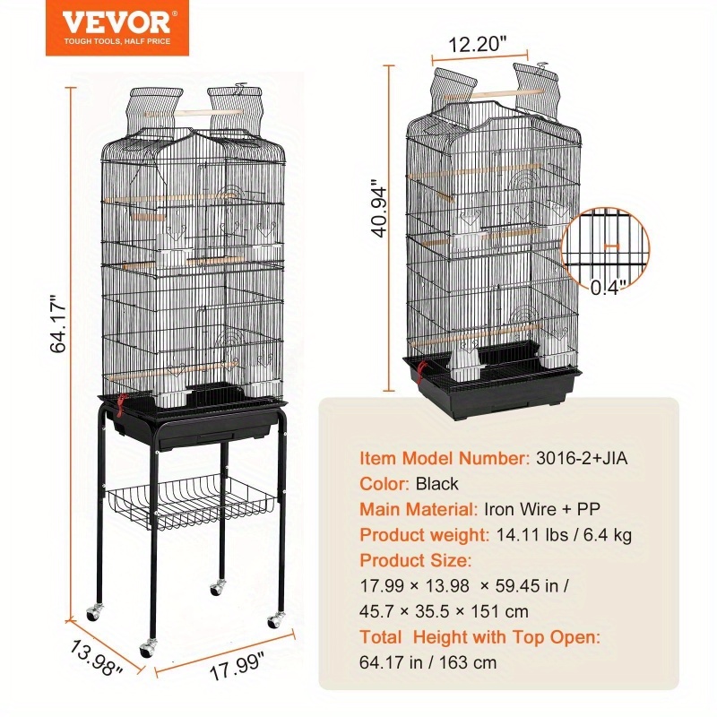   extra large heavy duty metal bird cage 62 inch large aviary with rolling wheels   interior multiple perches doors ideal for cockatiels parrots lovebirds pet birds easy   durable construction parrot enthusiasts Product details 6