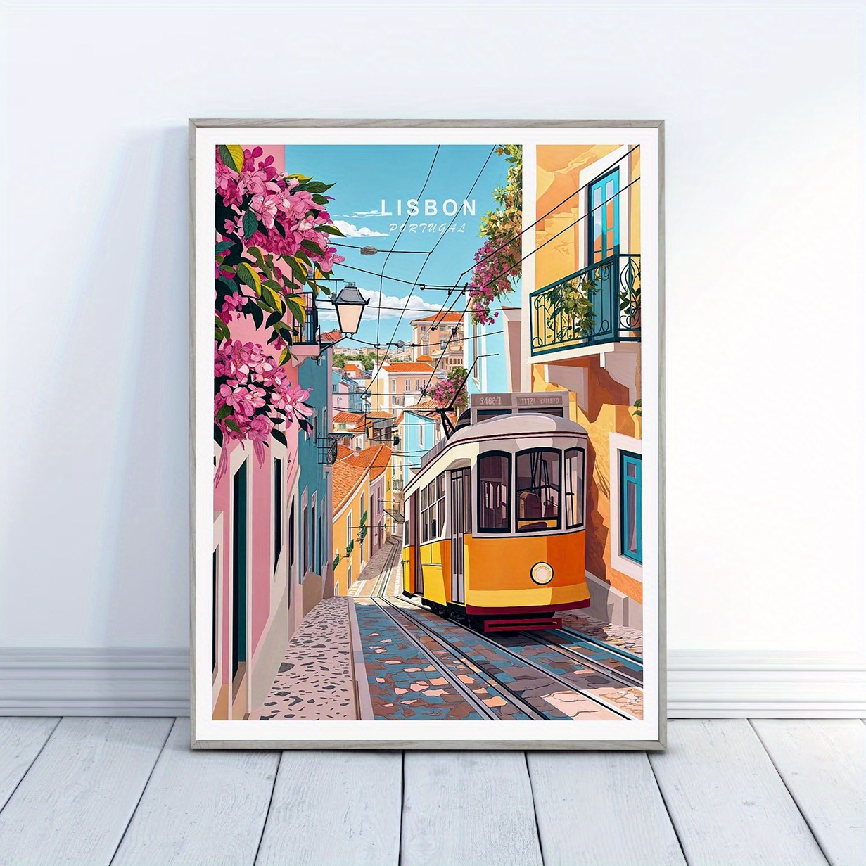 TEMU 1pc Affiche de Voyage Portugal - Scène Colorée avec Jaune & Fleurs Roses, Toile Non Encadrée pour Décoration Murale Bureau Maison, Cadeau
